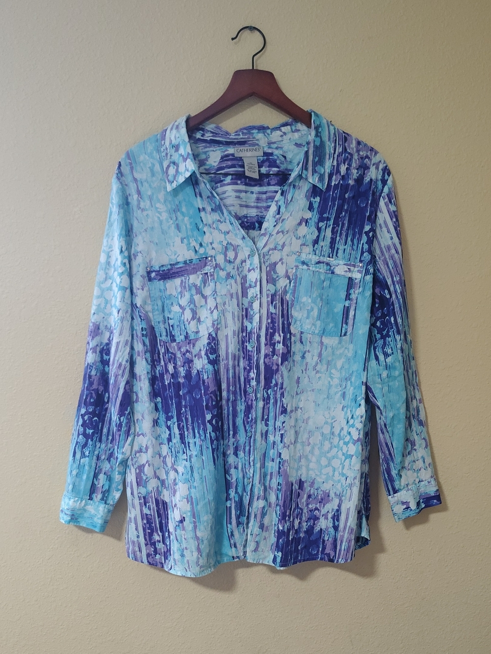 Catherines 100% Cotton Tie Dye Button Long Sleeves Relaxed Top Size 2X Plus Size